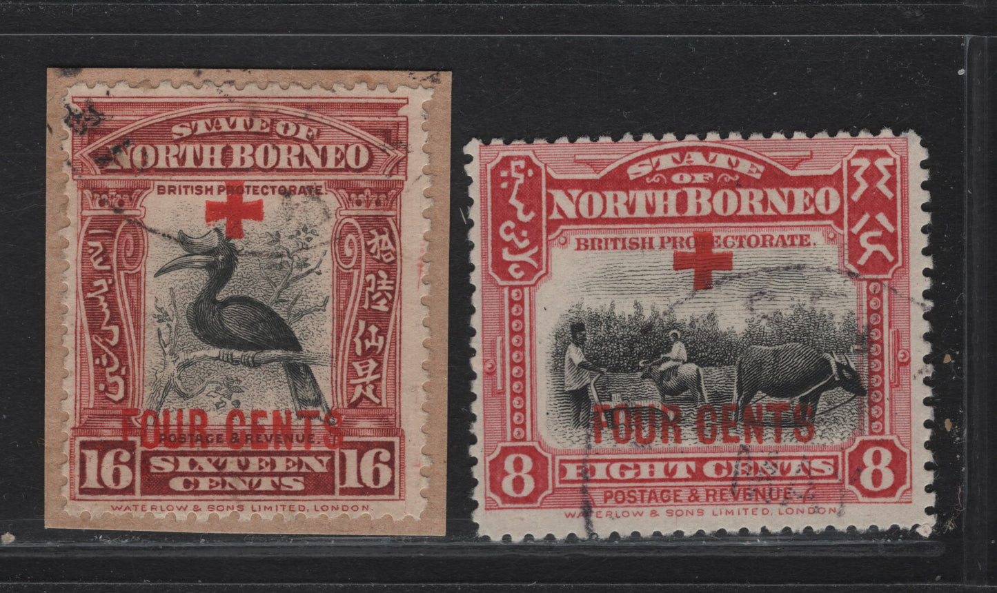Lot 141 Northern Borneo SG#241, 244 8c+4c - 16c+4c Lake & Black - Brown Lake & Black Plouging with Buffalo - Rhinoceros Hornbill, 1918 Surcharged Pictorial Issue, 2 Fine Used Singles