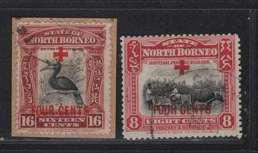Lot 141 Northern Borneo SG#241, 244 8c+4c - 16c+4c Lake & Black - Brown Lake & Black Plouging with Buffalo - Rhinoceros Hornbill, 1918 Surcharged Pictorial Issue, 2 Fine Used Singles