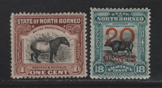 Lot 142 (C) Northern Borneo SG#277, 287 1c - 20c on 18c Chocolate Brown & Black - Blue Green & Black Malayan Tapir - Banteng, 1925-1928 Pictorial Issue, 2 VFOG Singles, Perf 12.5