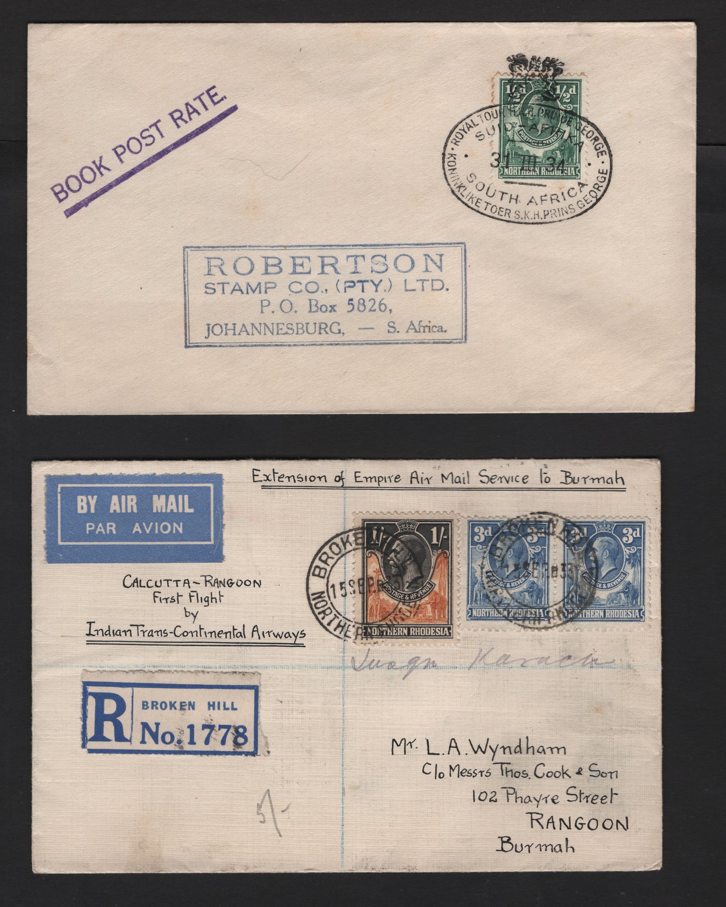 Lot 143 Northern Rhodesia SG#1, 5, 10 1/2d - 1/- Green - Black & Yellow Orange King George V, 1925-1929 Pictorial Issue, 2 Very Fine Used Covers, Single Use On 1934 Cover To South Africa & Registered Airmail First Flight Cover To Burma Via Cairo