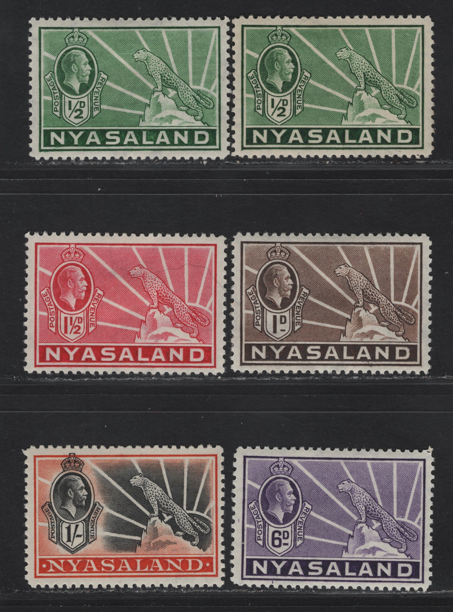 Lot 145 Nyasaland SG#114-116, 120, 122 1/2d - 1/- Green - Black & Orange King George V & Cheetah, 1934-1935 KGV & Cheetah Definitive Issue, 5 VFOG Singles
