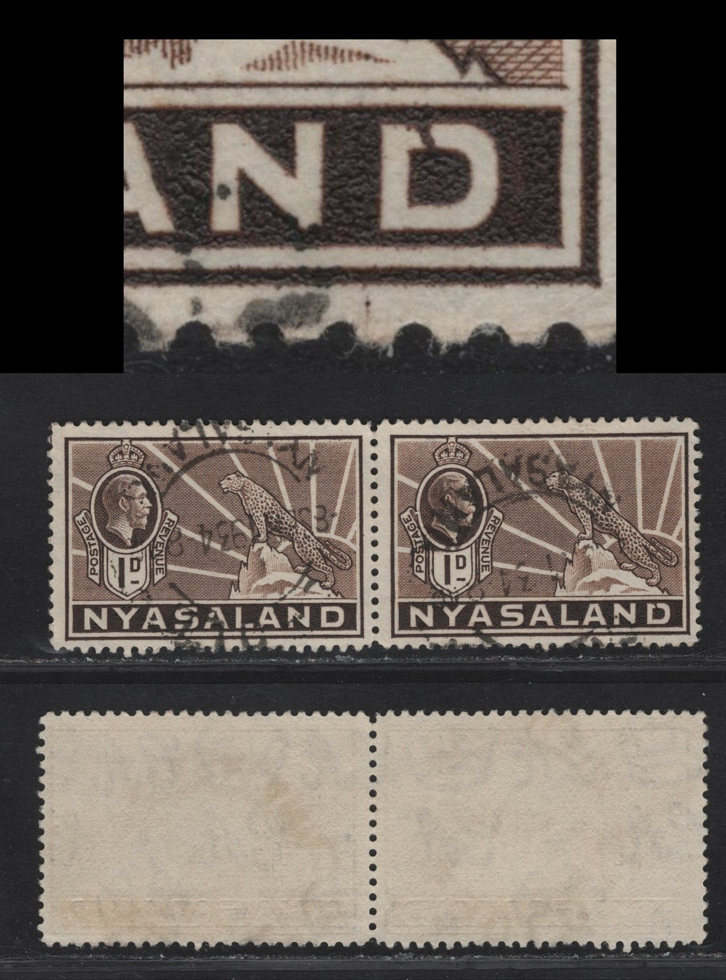 Lot 146 Nyasaland SG#115var 1d Brown King George V & Cheetah, 1934-1935 KGV & Cheetah Definitive Issue, A Fine Used Pair, Right Stamp Showing Broekn 'D' in Nyasaland