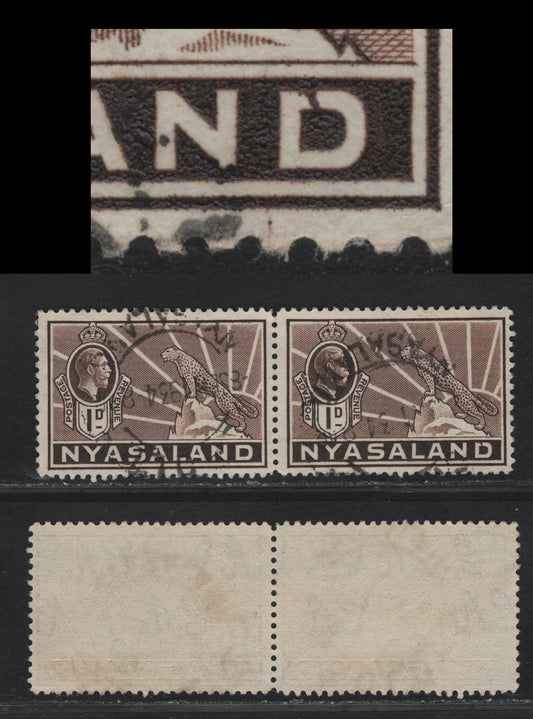 Lot 146 Nyasaland SG#115var 1d Brown King George V & Cheetah, 1934-1935 KGV & Cheetah Definitive Issue, A Fine Used Pair, Right Stamp Showing Broekn 'D' in Nyasaland