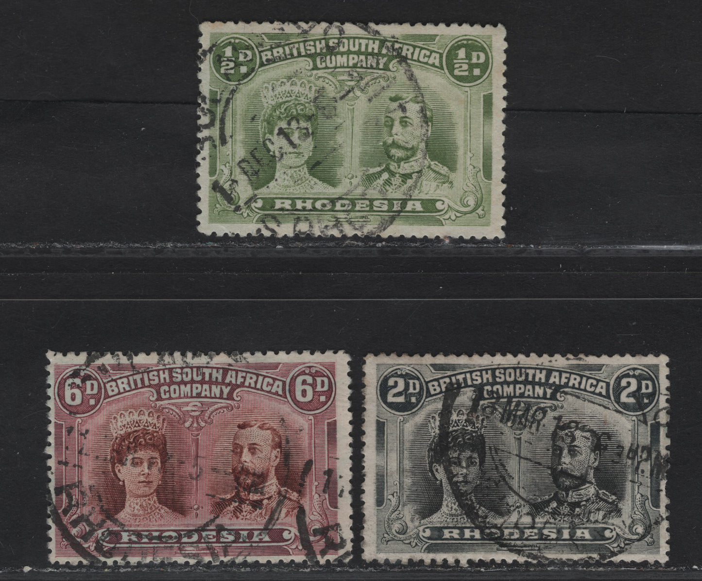 Lot 147 (C) Rhodesia SG#121, 129, 144 1/2d - 6d Olive Green - Red Brown & Mauve King George V, 1910-1913 Double Heads Issue, 3 Very Good/Fine/Very Fine Used Singles, Perf 14