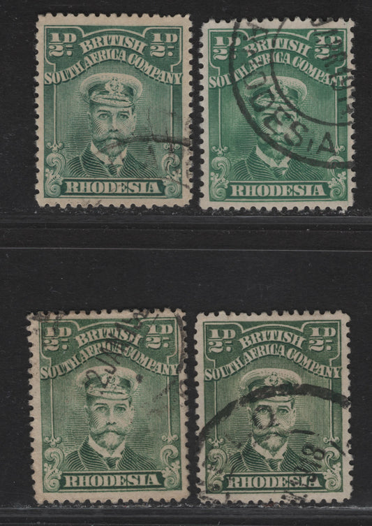 Lot 148 (C) Rhodesia SG#186-187, 188b, 282 1/2d Blue Green - Dull Green King George V, 1913-1924 Admiral Issue, 4 Very Fine Used Singles
