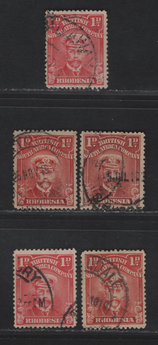 Lot 149 (C) Rhodesia SG#190, 192-195 1d Rose Carmine - Rose-Red King George V, 1913-1919 Admiral Issue, 5 Fine/Very Fine Used Singles, Perf 14