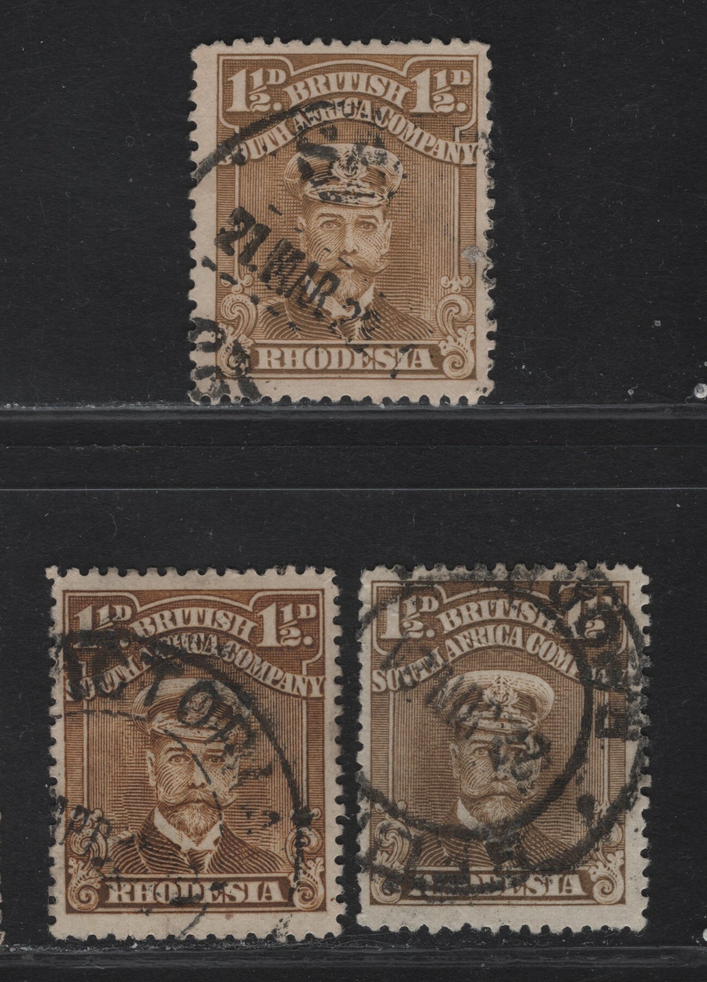 Lot 151 (C) Rhodesia SG#197-199 1.5d Brown Ochre - Drab Brown King George V, 1913-1919 Admiral Issue, 3 Fine Used Singles, Perf 14