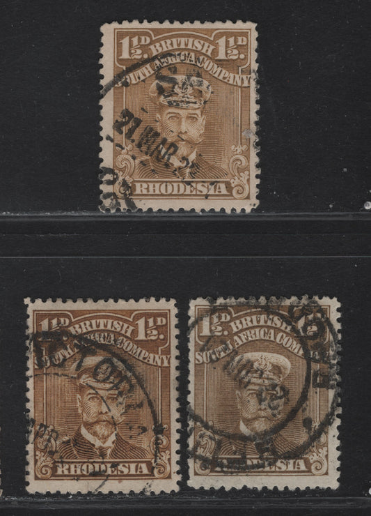 Lot 151 (C) Rhodesia SG#197-199 1.5d Brown Ochre - Drab Brown King George V, 1913-1919 Admiral Issue, 3 Fine Used Singles, Perf 14