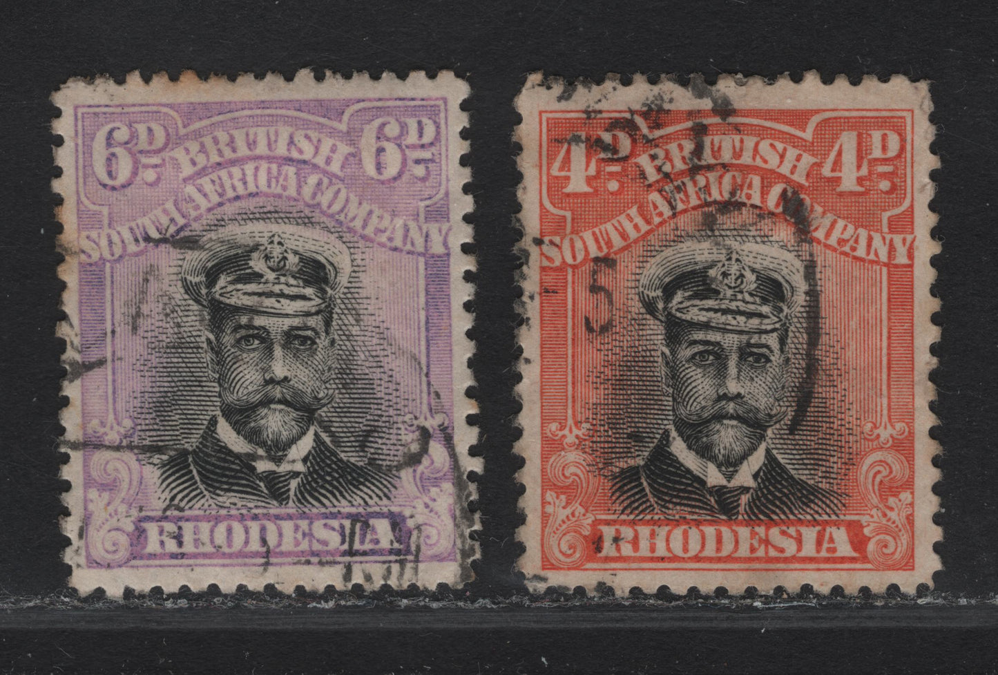 Lot 153 (C) Rhodesia SG#224, 228 4d - 6d Black & Orange Red - Black & Mauve King George V, 1913-1919 Admiral Issue, 2 Fine/Very Fine Used Singles, Die 2, Perf 14