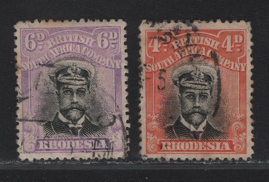 Lot 153 (C) Rhodesia SG#224, 228 4d - 6d Black & Orange Red - Black & Mauve King George V, 1913-1919 Admiral Issue, 2 Fine/Very Fine Used Singles, Die 2, Perf 14