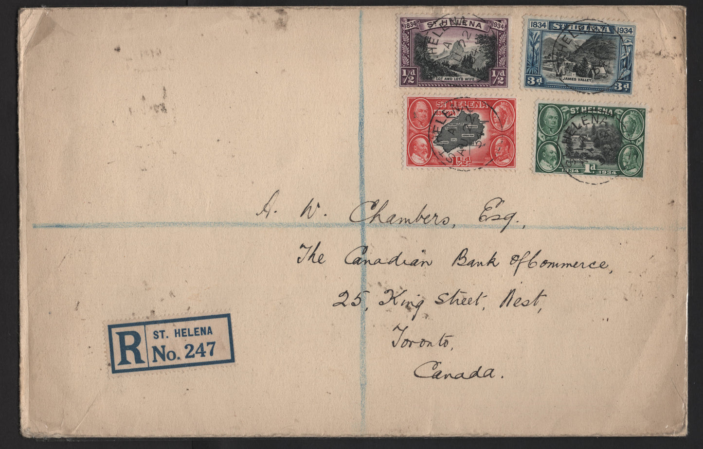 Lot 155 St. Helena SG#114-116, 118 1/2d -3d Black & Purple - Black & Blue Lot & Lots Wife - James Valley, 1934 Centenary Issue, A Very Fine Used Cover, Franked With 4 Singles, Combination Usage On August 1934 Registered Cover to Canada
