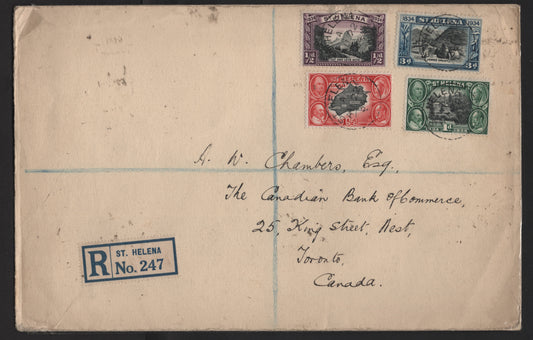 Lot 155 St. Helena SG#114-116, 118 1/2d -3d Black & Purple - Black & Blue Lot & Lots Wife - James Valley, 1934 Centenary Issue, A Very Fine Used Cover, Franked With 4 Singles, Combination Usage On August 1934 Registered Cover to Canada
