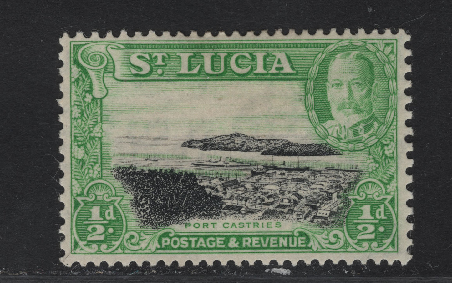 Lot 156 St. Lucia SG#113a 1/2d Black & Bright Green Port Castries, 1936 Pictorial Issue, A VFOG Single, Scarce Perf 13x12