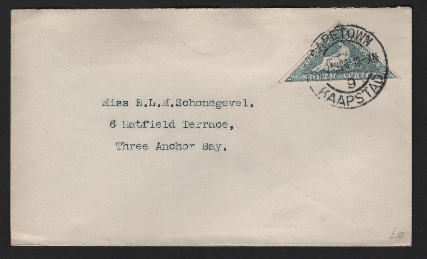 Lot 158 South Africa SG#33 4d Gray Blue Seated Hope, 1926 Triangular Hope Issue, A Very Fine Used Cover, First Day Cover Used Within the Cape