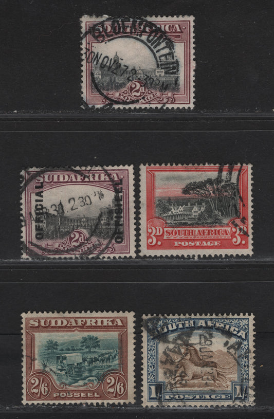 Lot 159 South Africa SG#34-37, O5a 2d - 26d Gray & Maroon - Green & Brown Union Buildings - Ox Wagon Inspanned, 1927-1930 Pictorial Issues, 5 Fine/Very Fine Used Singles, Lines Of The Overprint On O5a Are 1.9mm Apart