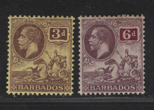 Lot 15A Barbados #175, 177 3d Purple On Yellow & 6d Dull Purple & Purple, 1912-1916 King George V Badge Of Colony Keyplates Issue, 2 F & VF OG Singles