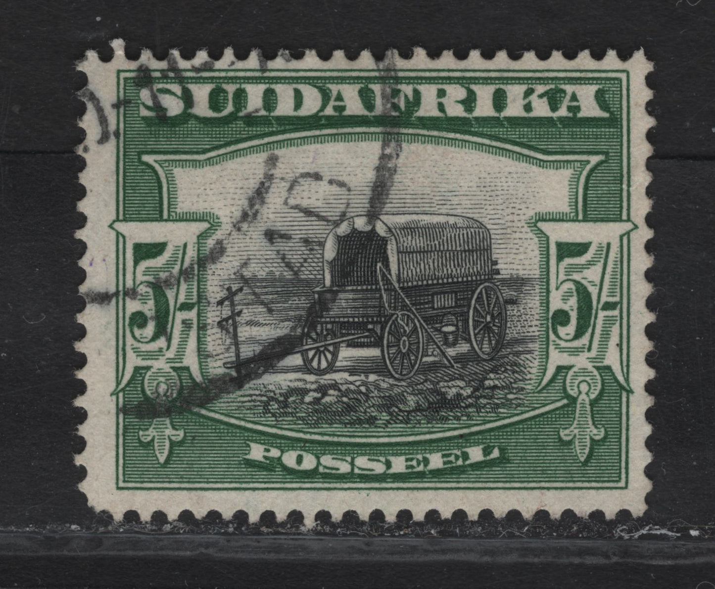 Lot 160 South Africa SG#38a 5/- Black & Green Ox-Wagon Outspanned, 1927-1930 Pictorial Issue, A Very Fine Used Single, Perf 14x13.5