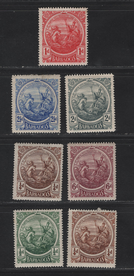 Lot 16 Barbados #181, 181a, 182a, 183a, 184, 185, 188 1/4d Deep Brown/ 6d Purple, 1916-1919 Large Colonial Badge Definitive Issue, Wmk Multiple Crown Ca, 7 F & VF OG Singles All Line Perf