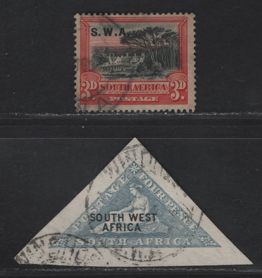 Lot 161 South West Africa SG#44A, 50 4d - 3d Gray Blue - Black & Red Hope - Pictorial, 1926 Triangular Hope - Overprinted Pictorial Issues, 2 Fine/Very Fine Used Singles, Perf 14x13.5