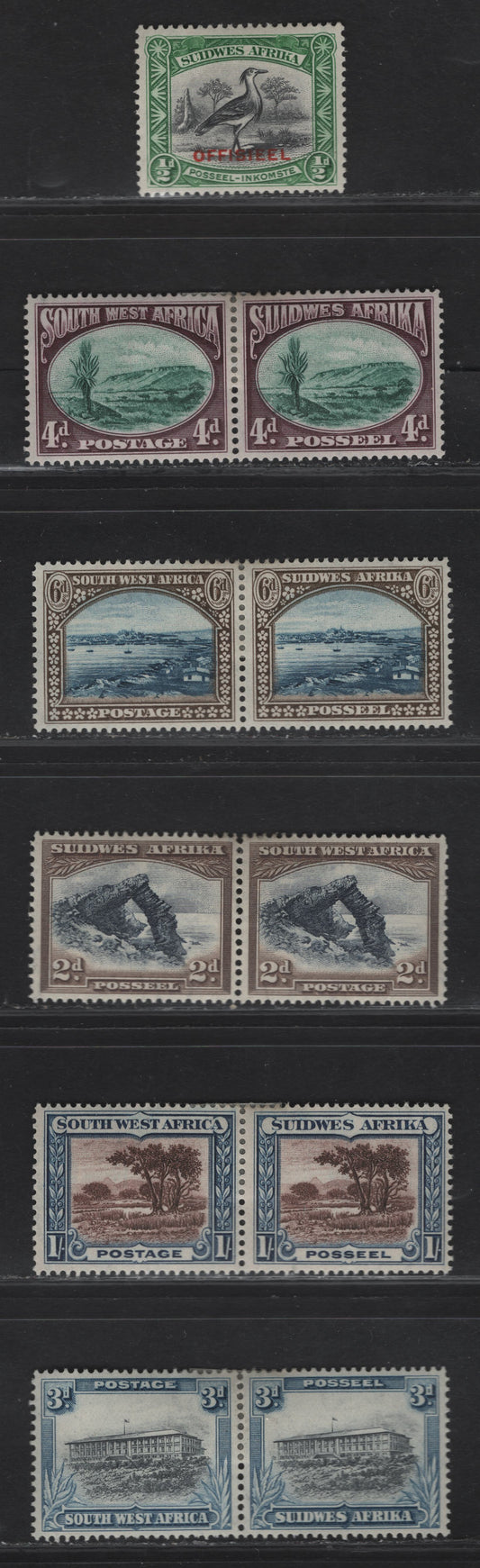 Lot 162 (C) South West Africa SG#76-80, O13 2d - 1/- Blue & Brown - Chocolate & Brown Bogenfels - Bush Scene, 1931 Pictorial Issue, 6 VFOG Singles