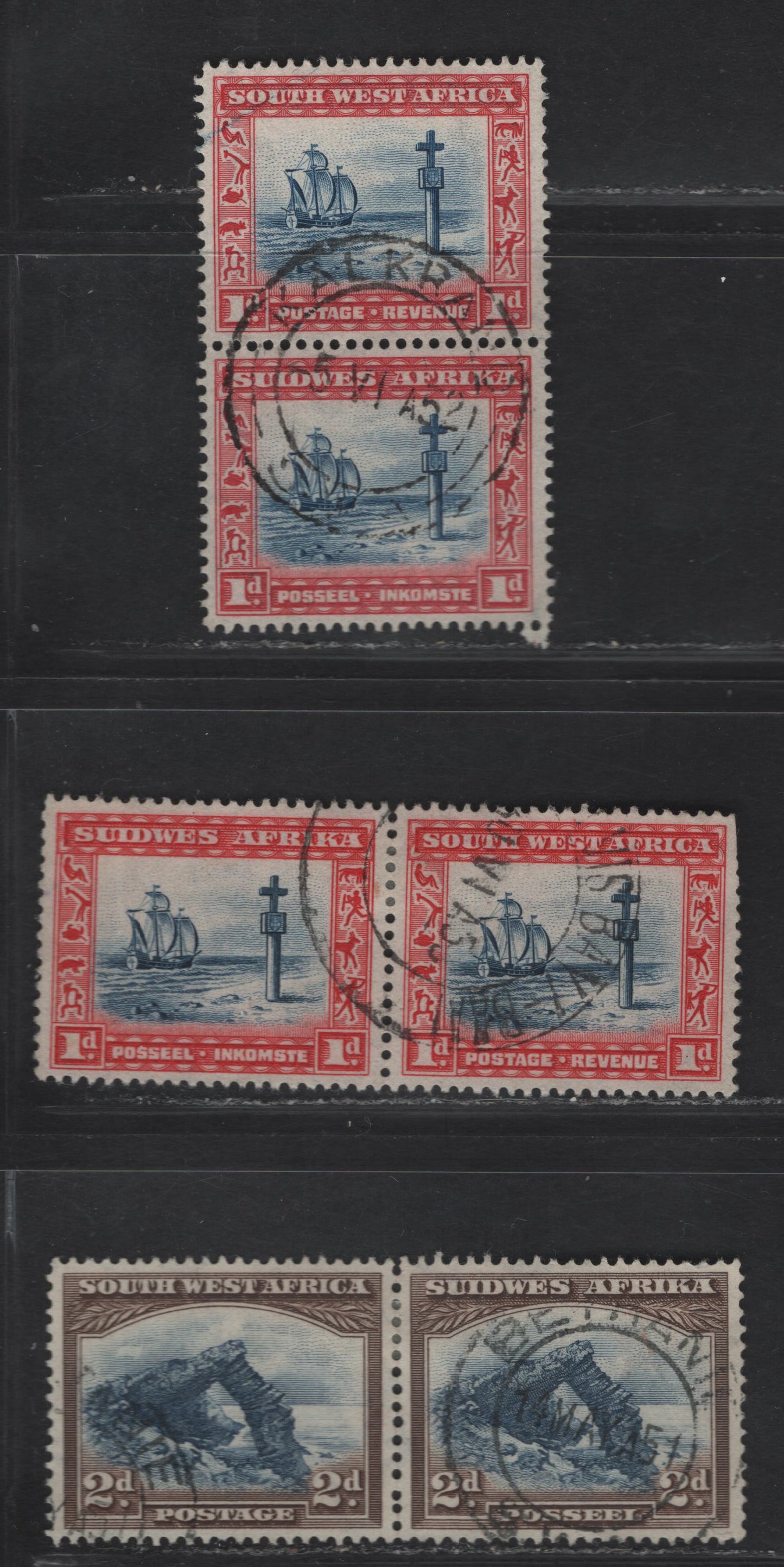 Lot 163 South West Africa SG#75-76 1d - 2d Indigo & Scarlet - Blue & Brown Cape Cross - Bogenfels, 1931 Pictorial Issue, 3 Fine/Very Fine Used Pairs, 2d Pair Has A Light Diagonal Crease Affecting The Right Stamp