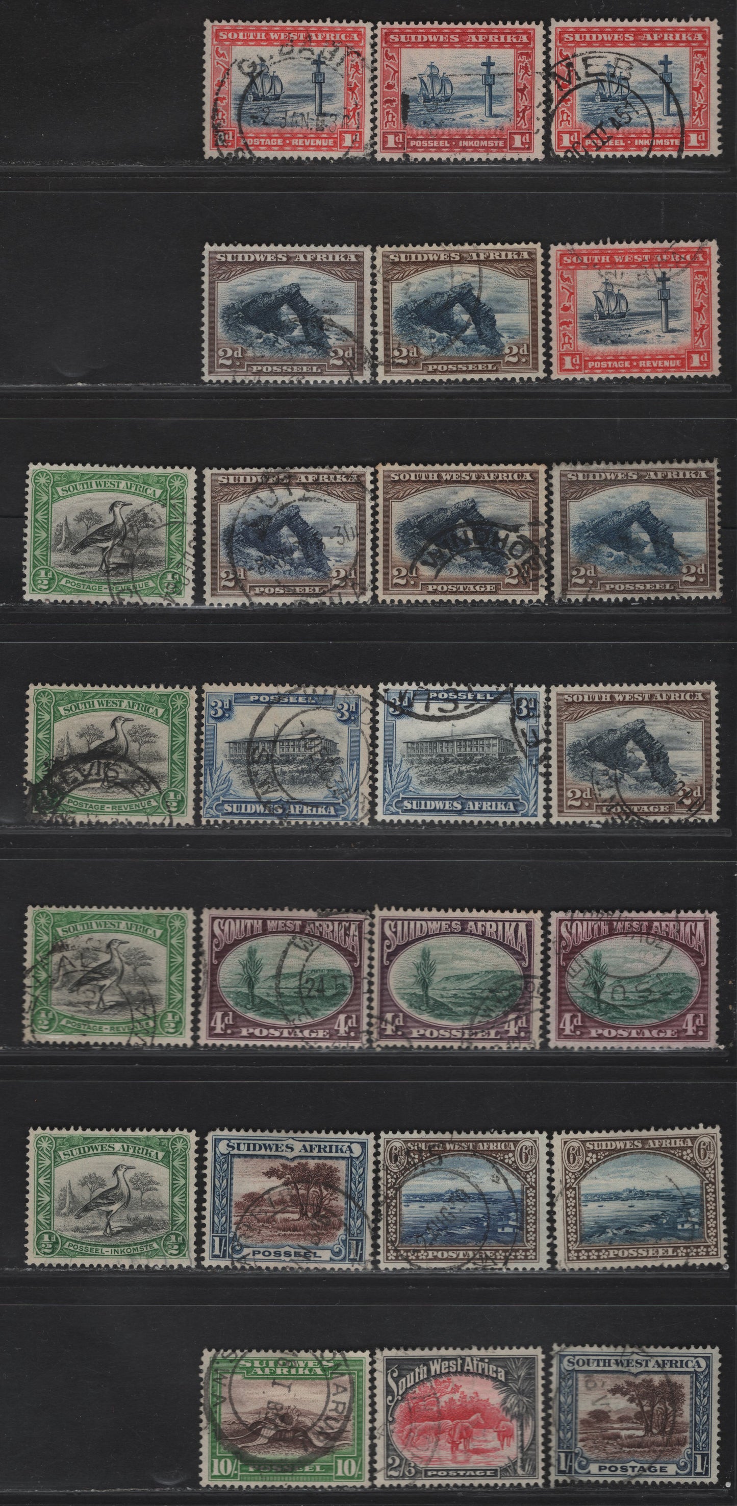 Lot 164 South West Africa SG#74-80, 82, 84 1/2d - 10/- Black & Emerald - Brown & Emerald Kori Bustard - Welwitschia Plant, 1931 Pictorial Issue, 25 Very Fine Used Singles, Multiple Shades