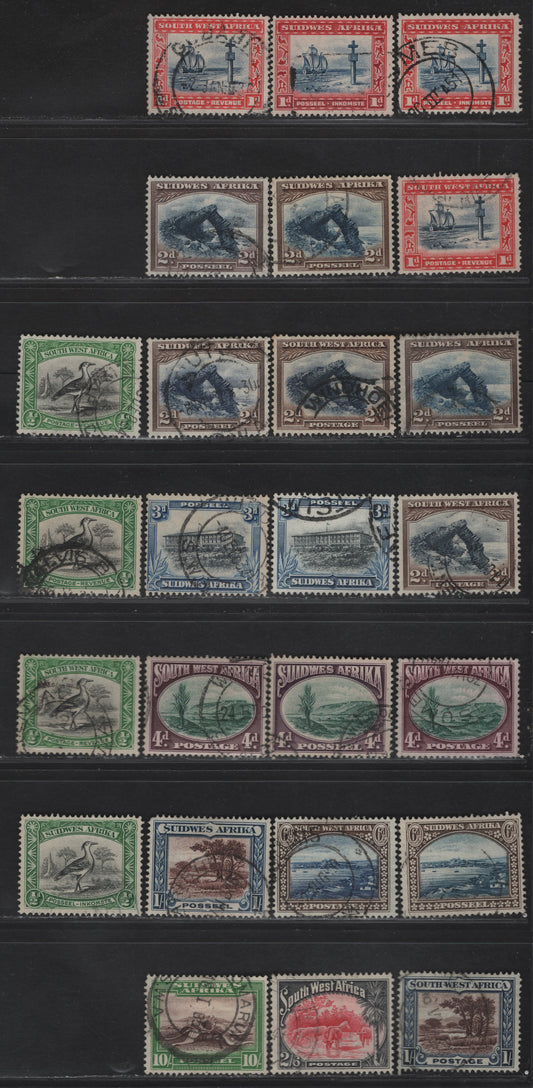 Lot 164 South West Africa SG#74-80, 82, 84 1/2d - 10/- Black & Emerald - Brown & Emerald Kori Bustard - Welwitschia Plant, 1931 Pictorial Issue, 25 Very Fine Used Singles, Multiple Shades