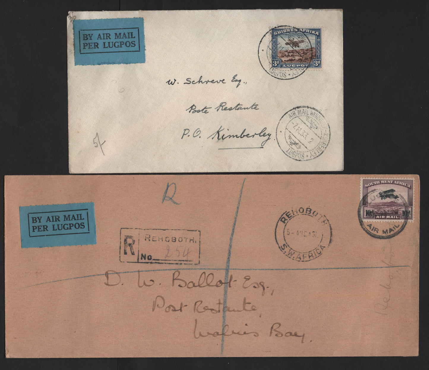 Lot 165 (C) South West Africa SG#86-87 3d - 10d Brown & Blue - Black & Purple Brown Monoplane over Windhoek - Biplane Over Windhoek, 1931 Pictorial Issue Airmail, 2 Very Fine Used Covers, Single Usages, Local Airmail Covers From 1931 & 1933