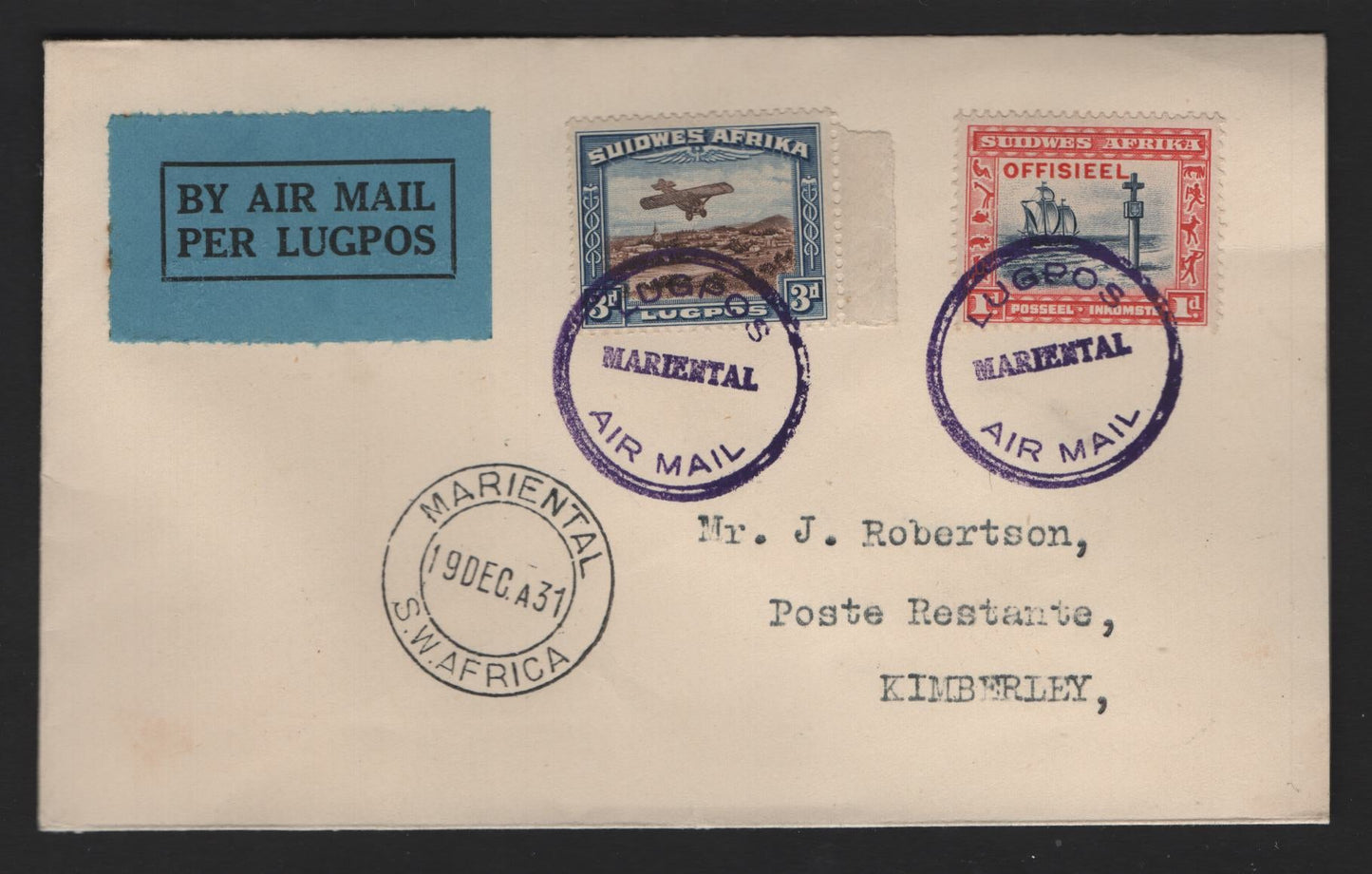 Lot 166 (C) South West Africa SG#O14, 86 3d - 1d Blue & Brown - Scarlet & Indigo Cape Cross - Monoplane over Windhoek, 1931 Pictorial Issue Airmail, A Very Fine Used Cover, Combination Use On 1931 Local Airmail Cover