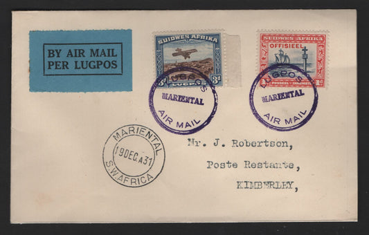 Lot 166 (C) South West Africa SG#O14, 86 3d - 1d Blue & Brown - Scarlet & Indigo Cape Cross - Monoplane over Windhoek, 1931 Pictorial Issue Airmail, A Very Fine Used Cover, Combination Use On 1931 Local Airmail Cover