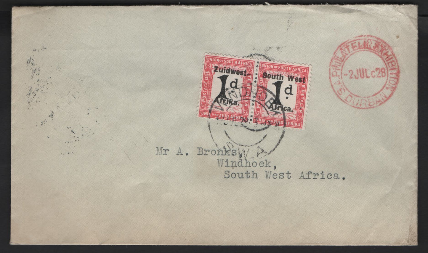 Lot 167 (C) South West Africa SG#D28 1d Black & Rose Numerals, 1923-1926 Postage Dues, A Very Fine Used Cover, Franked With A Pair, Setting VI, 9.5mm Between Lines Of Overprint, Used on Philatelic Exhibition Cover.