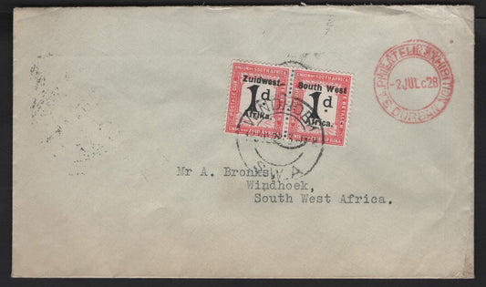 Lot 167 (C) South West Africa SG#D28 1d Black & Rose Numerals, 1923-1926 Postage Dues, A Very Fine Used Cover, Franked With A Pair, Setting VI, 9.5mm Between Lines Of Overprint, Used on Philatelic Exhibition Cover.