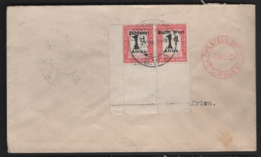 Lot 168 (C) South West Africa SG#D28 1d Black & Rose Numerals, 1923-1926 Postage Dues, A Very Fine Used Cover, Similar To Lot 176, But Pair Has Labels From The LL Corner Of The Sheet