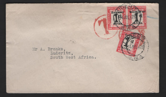 Lot 169 South West Africa SG#D28, D39 1d Black & Rose Numerals, 1923-1926 Postage Dues, A Very Fine Used Cover, Franked With A Pair, Setting VI, 9.5mm & 12mm Between Overprints, Combination Usage On 1928 Cover.