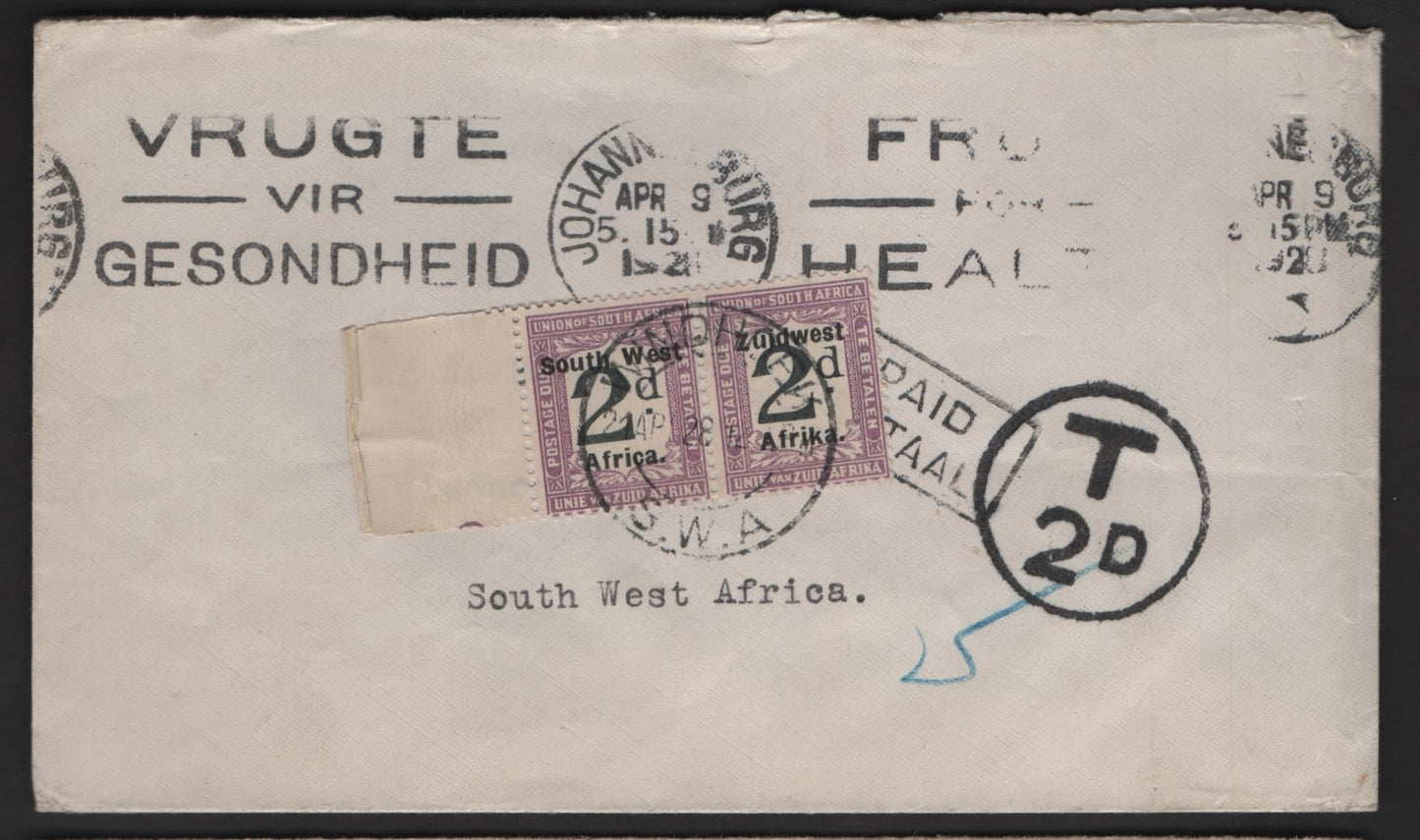 Lot 171 (C) South West Africa SG#D30 2d Black & Violet Numerals, 1923-1926 Postage Dues, A Very Fine Used Cover, Zuidwest As 1 Word No Hyphen Between South West, Setting VI, Pair Used On Commercial Cover From Johannesburg to Windhoek April 9 1928.