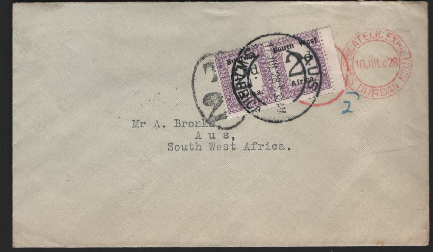 Lot 172 South West Africa SG#D35 2d Black & Pale Violet Numerals, 1927 Postage Dues, A Very Fine Used Cover, Suidwes & Zuidwest Pair Used On July 19 1928 Philatelic Exhibition Cover From Durban to Aus, Postage Due Marking Is Partly Covered By The Pair