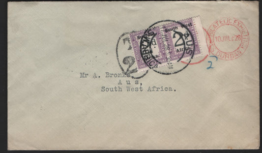 Lot 172 South West Africa SG#D35 2d Black & Pale Violet Numerals, 1927 Postage Dues, A Very Fine Used Cover, Suidwes & Zuidwest Pair Used On July 19 1928 Philatelic Exhibition Cover From Durban to Aus, Postage Due Marking Is Partly Covered By The Pair