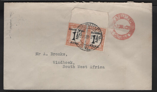 Lot 173 (C) South West Africa SG#D34 1.5d Black & Pale Orange Numerals, 1927 Postage Dues, A Very Fine Used Cover, Suidwes For Zuidwest, Pair Used On July 2 1928 Durban Philatelic Cover To Windhoek, No Postage Due Marking.