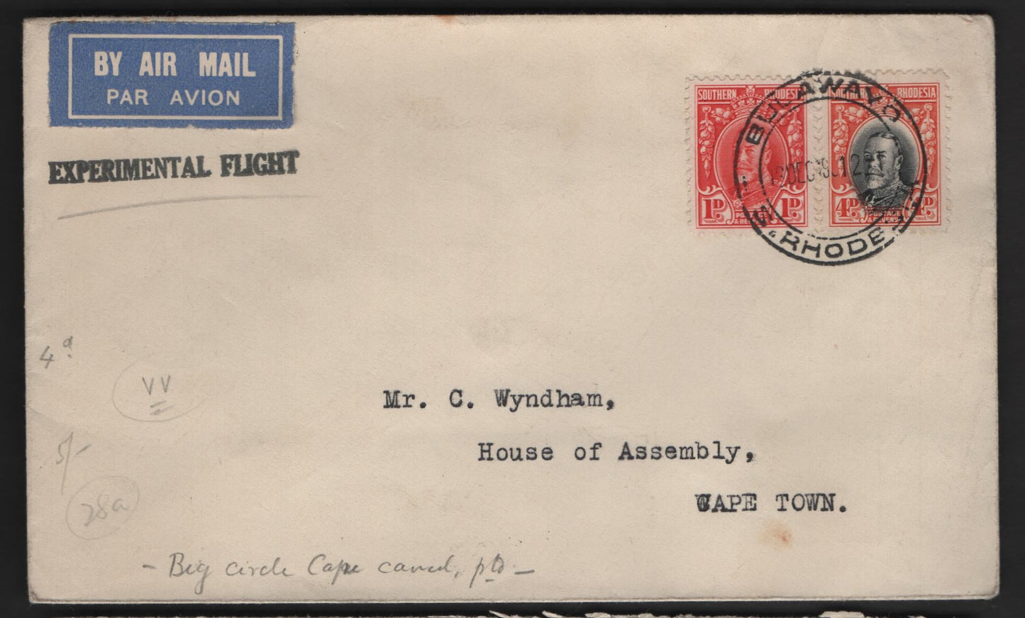 Lot 174 (C) Southern Rhodesia SG#16a, 19a 1d - 4d Scarlet - Black & Orange Vermillion King George V, 1931-1937 KGV Portrait Issue, A Very Fine Used Cover, Perf 11.5 Printings, Experimental Flight Cover From Bulawayo to Capetown