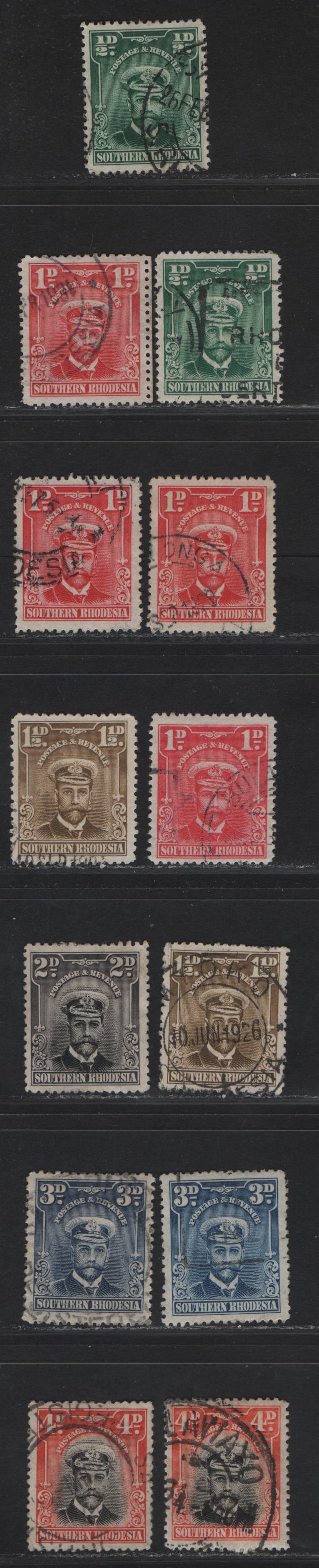 Lot 175 Southern Rhodesia SG#1-6 1/2d - 4d Deep Green - Deep Orange & Black King George V, 1924-1929 KGV Admiral Issue, 13 Very Fine Used Singles, Unlisted Shades