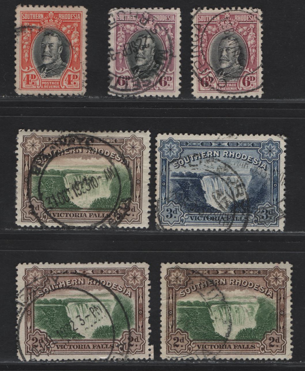 Lot 176 Southern Rhodesia SG#19-20, 29-30 6d - 3d Black & Magenta - Deep Ultramarine King George V - Victoria Falls, 1931-1937 KGV & Victorial Falls Issues, 7 Fine/Very Fine Used Singles, Unlisted Shades, Perf 12.5