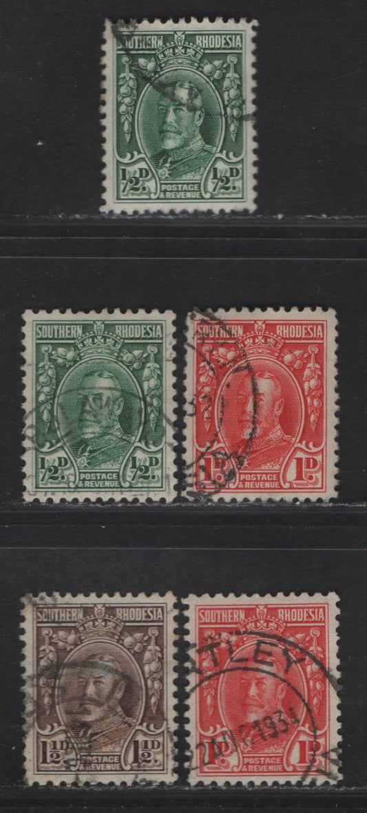 Lot 177 Southern Rhodesia SG#15-16c 1/2d - 1.5d Green - Chocolate King George V, 1931-1937 KGV Portrait Issue, 5 Very Fine Used Singles, Line & Comb Perf 12, Horizontal & Vertical Wove Papers