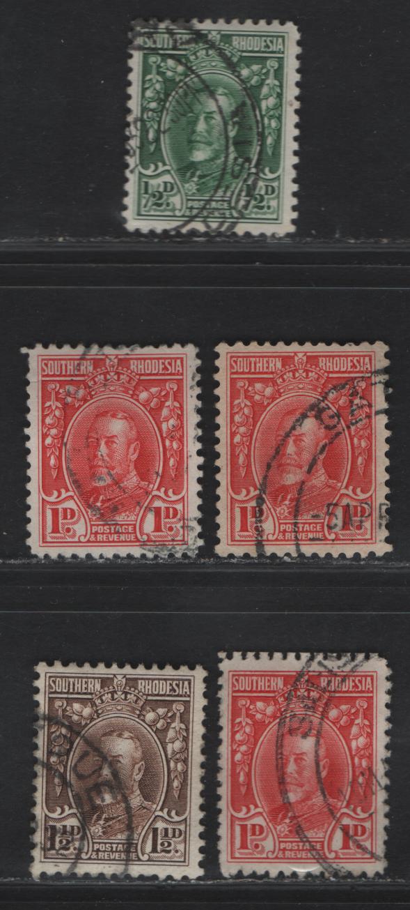 Lot 178 Southern Rhodesia SG#15, 16, 16c 1/2d - 1.5d Green - Chocolate King George V, 1931-1937 KGV Portrait Issue, 5 Very Fine Used Singles, 1/2d & 1d On Horizontal & Vertical Wove Is Line Perf, 1d Booklet Is Vertical Wove, 1d & 1.5d Are Comb Perf 12.