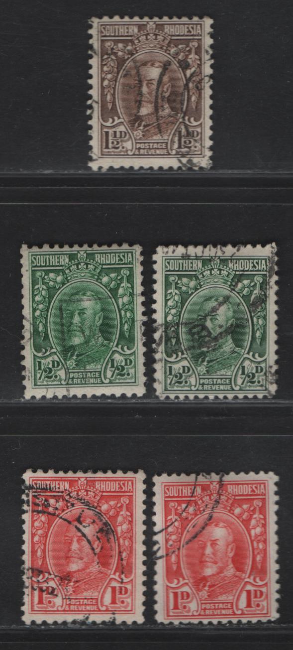 Lot 179 Southern Rhodesia SG#15-16c 1/2d - 1.5d Green - Chocolate King George V, 1931-1937 KGV Portrait Issue, 5 Fine Used Singles, Line & Comb Perf 12, Horizontal & Vertical Wove Papers