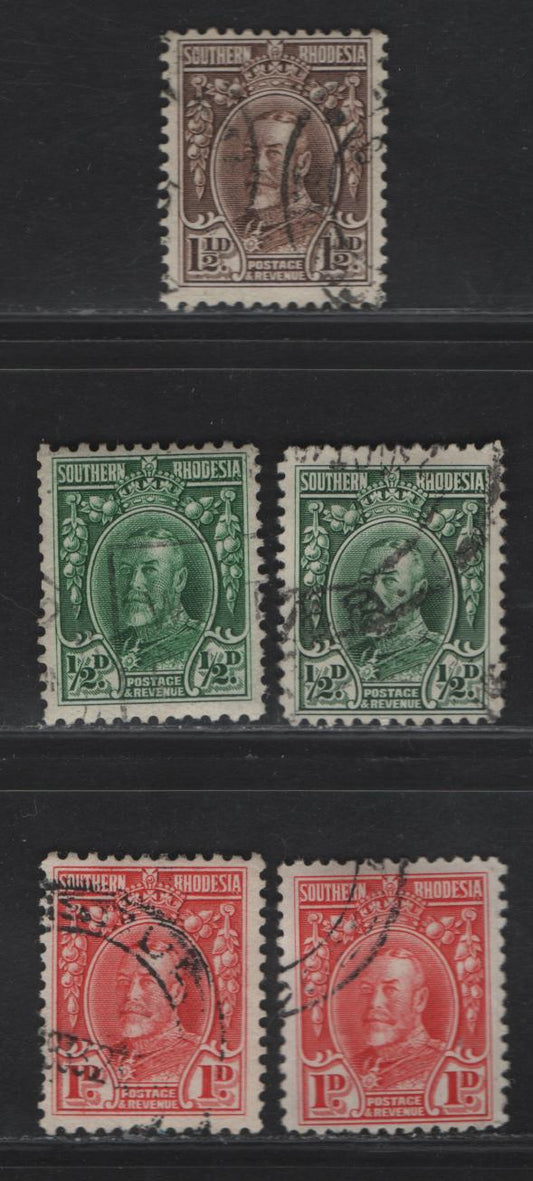 Lot 179 Southern Rhodesia SG#15-16c 1/2d - 1.5d Green - Chocolate King George V, 1931-1937 KGV Portrait Issue, 5 Fine Used Singles, Line & Comb Perf 12, Horizontal & Vertical Wove Papers
