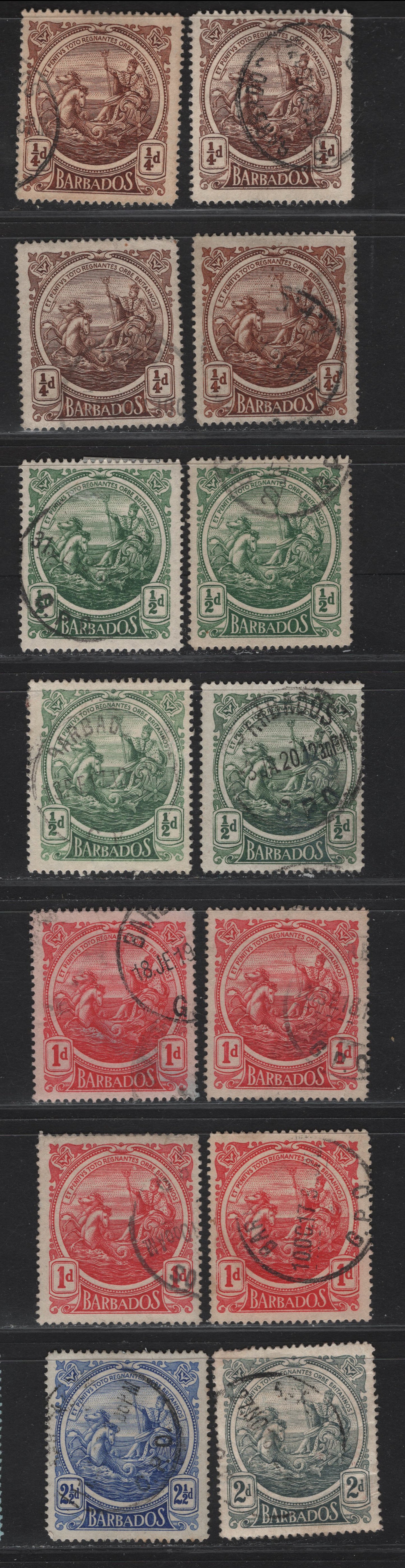 Lot 18 Barbados #181-181b, 182-182b, 183-183a, 184, 185 1/4d Deep Brown/2 1/2d Deep Ultramarine, 1916-1919 King George V Large Colonial Badge Definitives Issue, 14 F & VF OG SIngles The 1/2d Green Includes Both Comb & Line Perfs