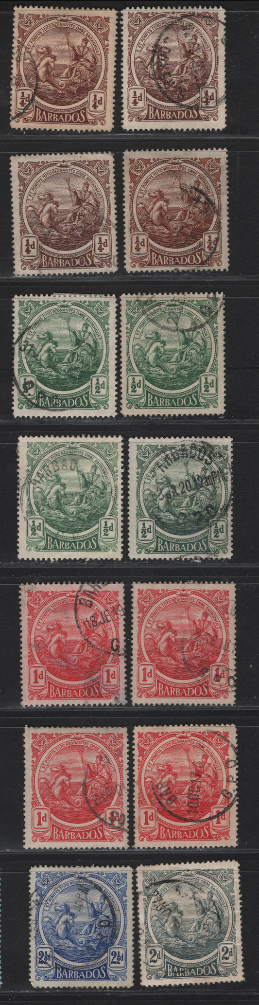 Lot 18 Barbados #181-181b, 182-182b, 183-183a, 184, 185 1/4d Deep Brown/2 1/2d Deep Ultramarine, 1916-1919 King George V Large Colonial Badge Definitives Issue, 14 F & VF OG SIngles The 1/2d Green Includes Both Comb & Line Perfs