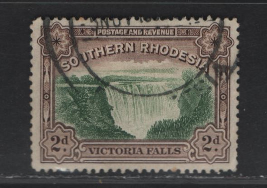 Lot 181 Southern Rhodesia SG#35 2d Green & Chocolate Victoria Falls, 1935-1941 Victoria Falls Definitive Issue, A Very Fine Used Single, Inscribed Postage & Revenue, Scarce Postally Used, Scarce Perf 12.5.