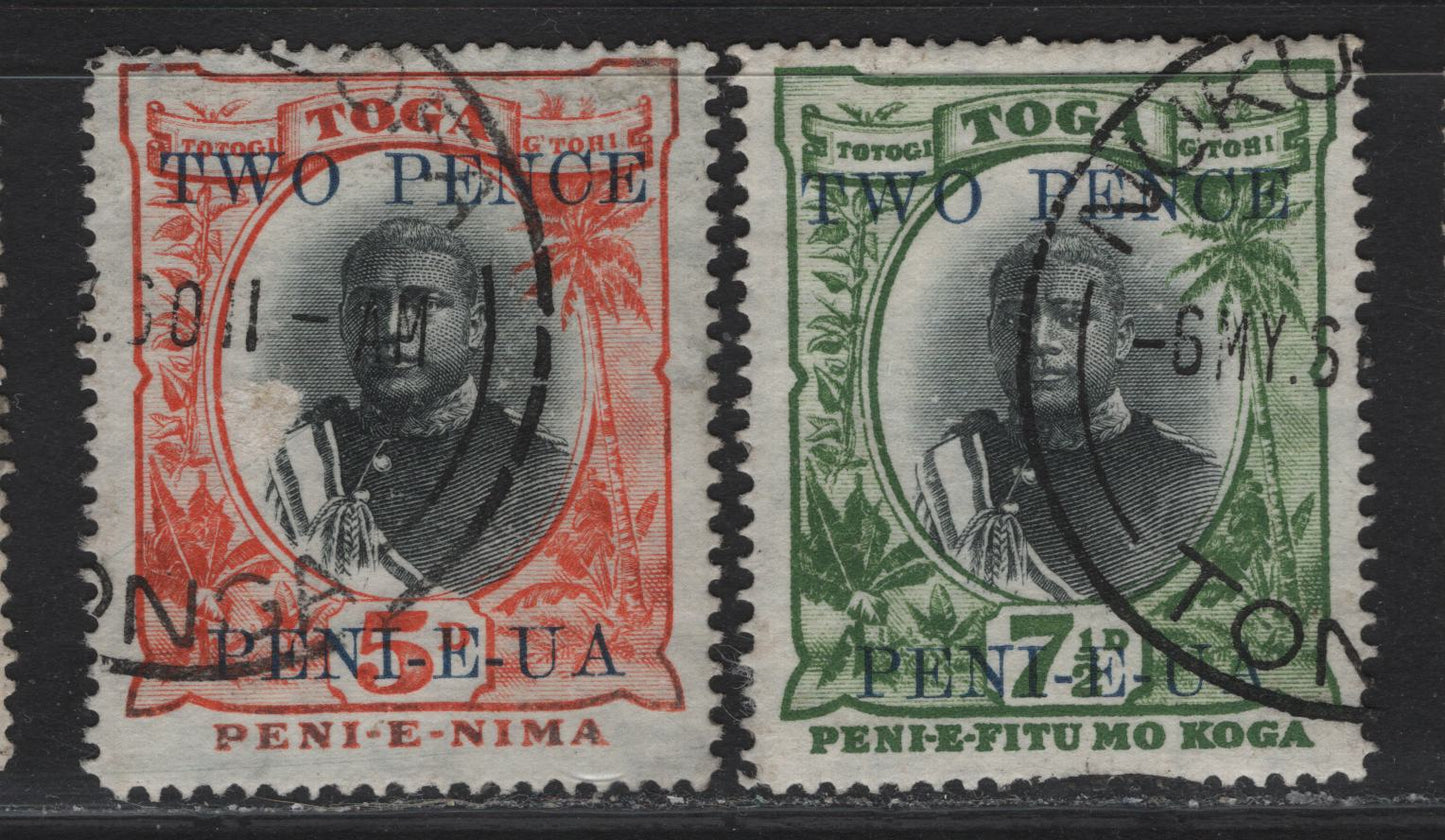 Lot 190 (C) Tonga SG#64-65 2d on 5d - 2d on 7.5d Black & Orange - Black & Green King George II -View of Haapai, 1923-1924 Surcharged Issue, 2 Fine/Very Fine Used Singles