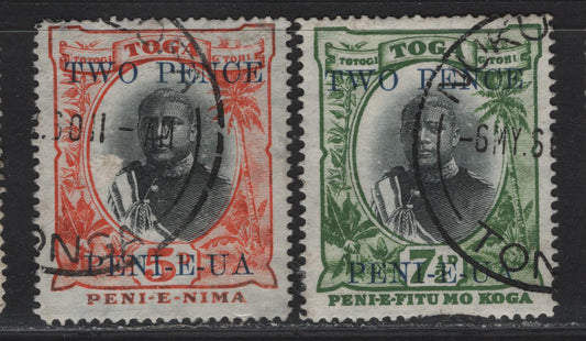 Lot 190 (C) Tonga SG#64-65 2d on 5d - 2d on 7.5d Black & Orange - Black & Green King George II -View of Haapai, 1923-1924 Surcharged Issue, 2 Fine/Very Fine Used Singles